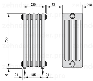 Схема (чертеж) Радиатор Zehnder Charleston 6075/5 №3570 Белый глянцевый RAL 9016